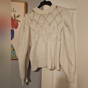 White Puff Sleeve Sweater with Crotcheted Detailing - Large